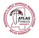 A red and white logo for atlas shingles.