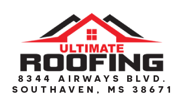 A black and red logo for ultimate roofing.