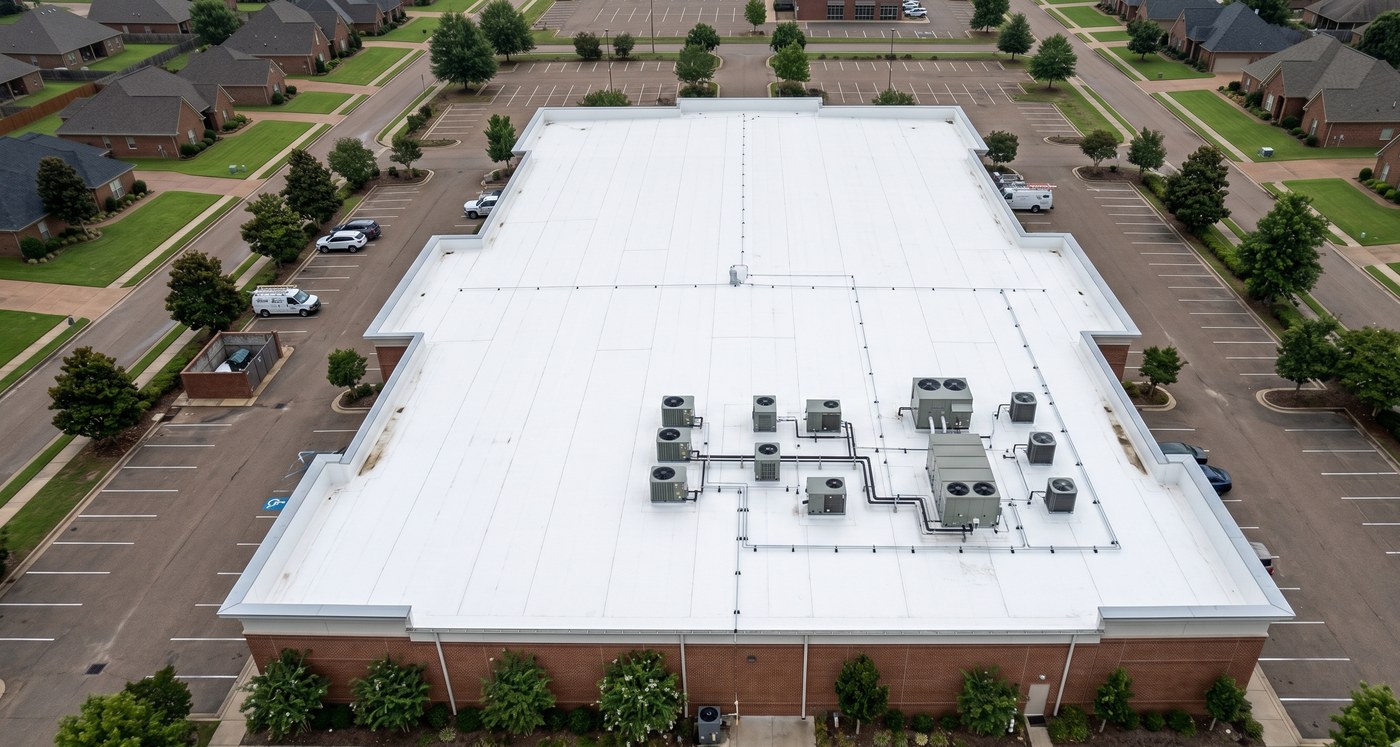 Aerial view of commercial flat roof with HVAC units in Mississippi