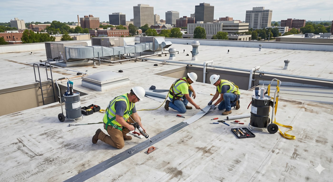Flat roof repair crew sealing membrane seams on commercial building