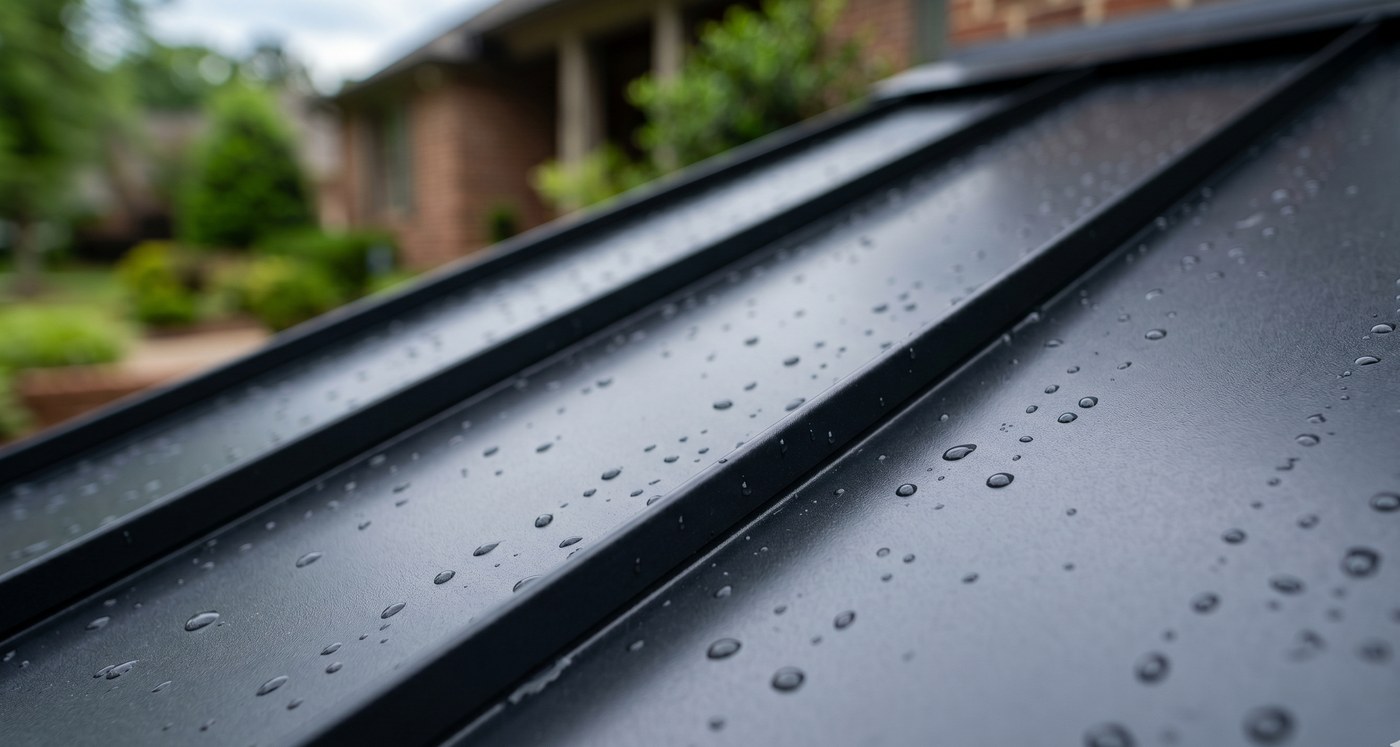 Standing seam metal roof close-up with water droplets