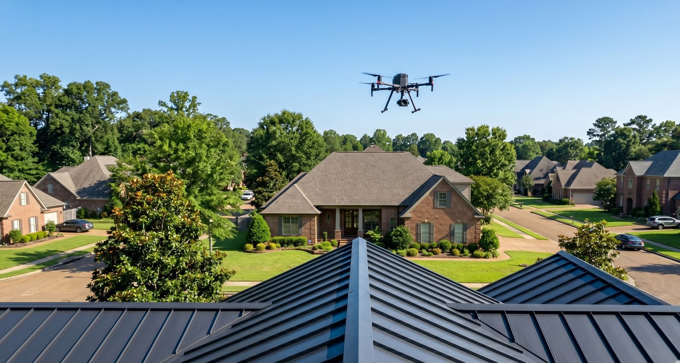 Drone performing roof inspection in Mississippi neighborhood