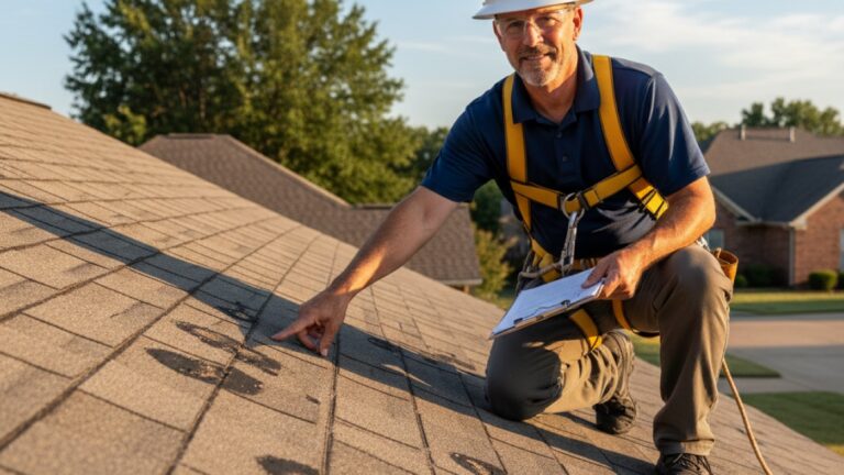 Roofing professional inspecting and documenting hail and storm damage on a Mississippi asphalt shingle roof for a homeowner insurance claim